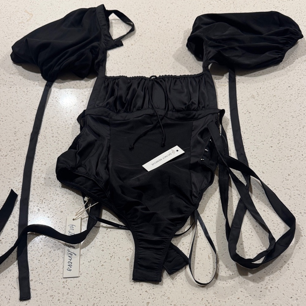 For Love & Lemons Black Satin Lace Up Bodysuit